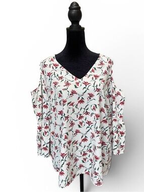 Pleione White V-Neck Cold-Shoulder Top with Pink Floral Print. Size Large